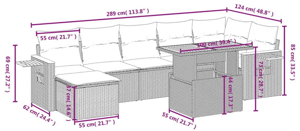 8 pcs conjunto sofás de jardim c/ almofadões vime PE cinzento