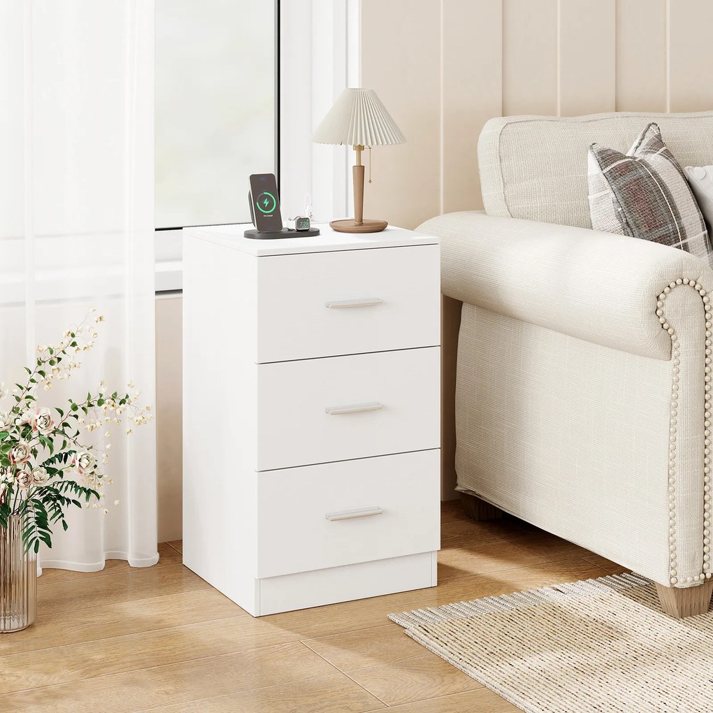 Mesa de cabeceira com base de carregamento 38 x 35 x 66 cm, 3 gavetas, porta USB, moderna, para sala ou quarto, branca
