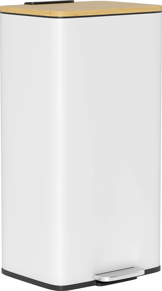 HOMCOM Balde de Lixo de Cozinha com Pedal 20L Tampa de Bambu com Fecho Suave 29,5x29,5x56,8 cm Branco e Madeira | Aosom Portugal