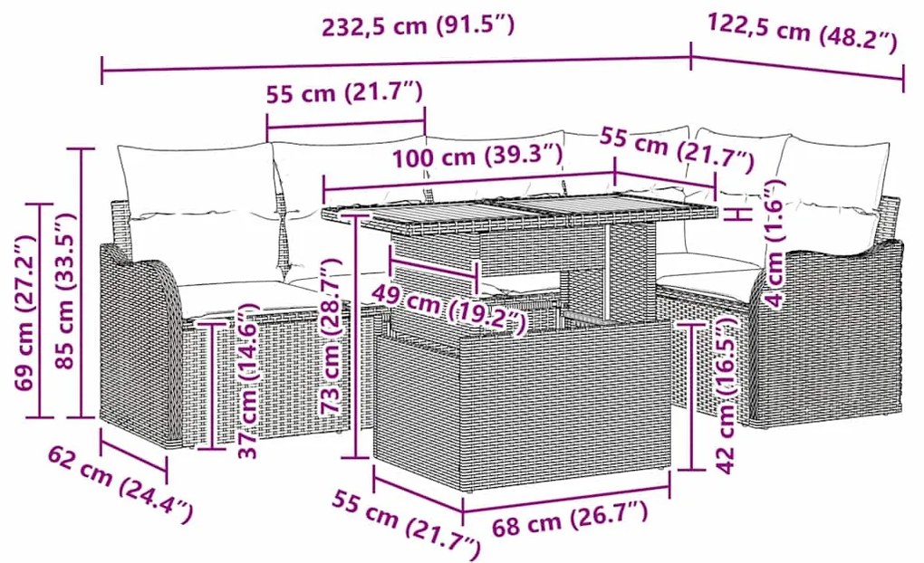Conjunto de Sofá de Jardim com 6 Peças e Almofadas, Rattan Poliéster B