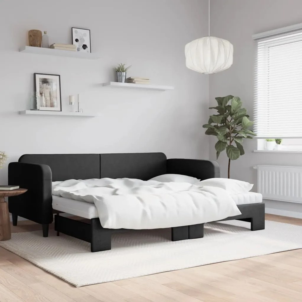 vidaXL Sofá-cama com gavetão e colchões 90x200 cm tecido preto