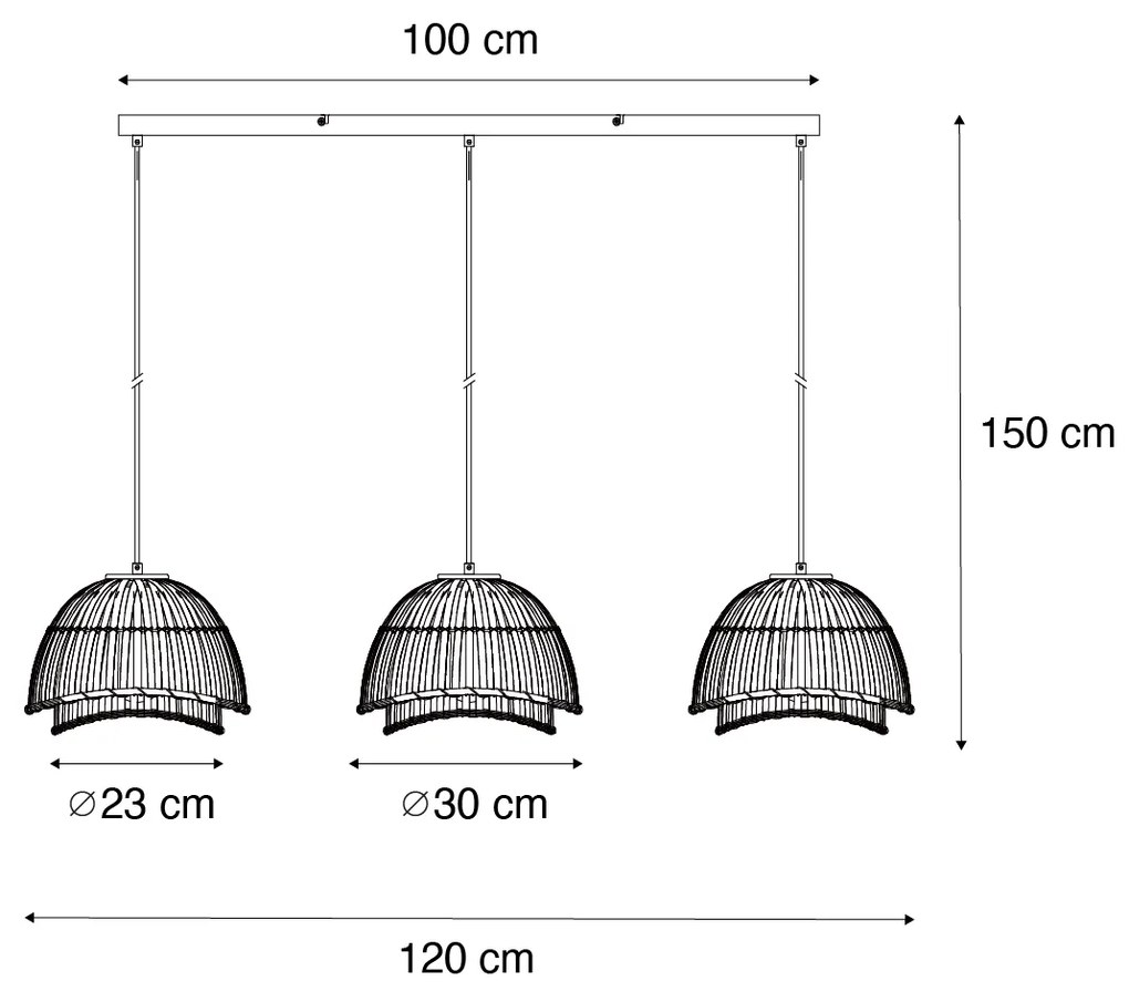 Candeeiro de suspensão oriental preto com bambu natural 3 luzes - Pua Oriental