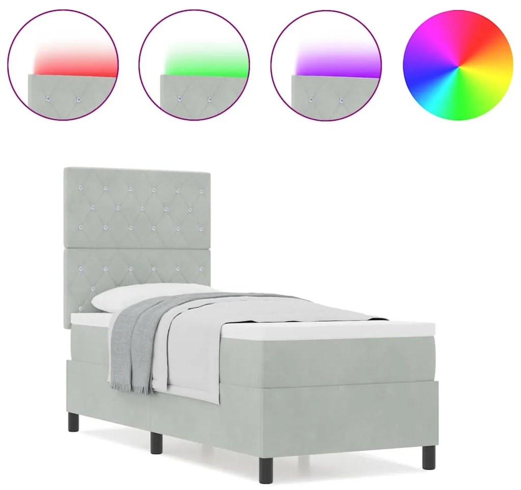 Cama Box com Colchão e Luz LED Cinza Claro 80x200 cm em Veludo