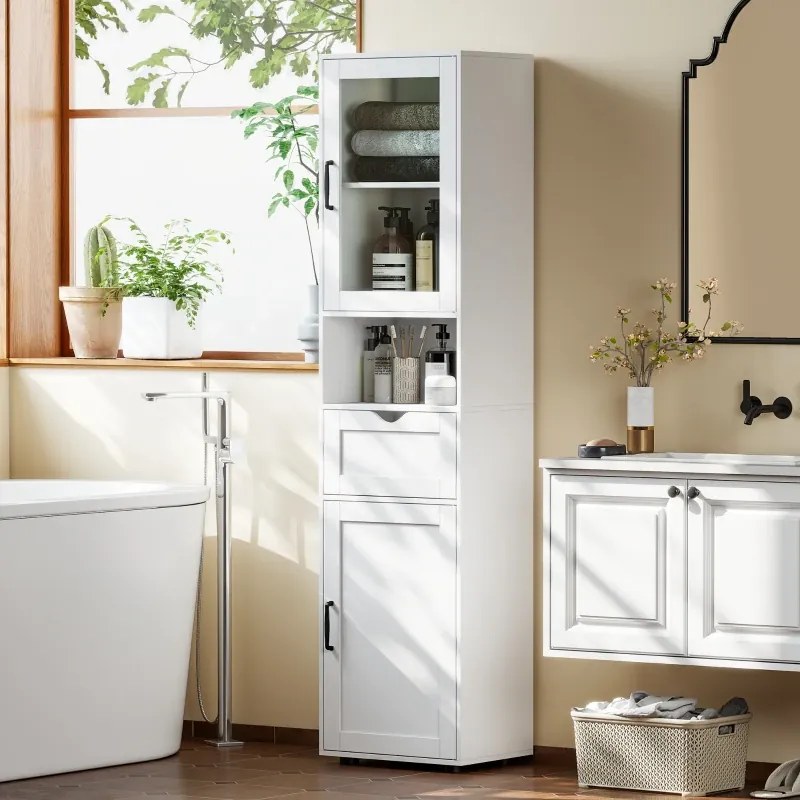 Coluna Casa de Banho ou armário de cozinha 40x30x165 cm com Porta de Vidro Prateleiras Ajustáveis Gaveta e Prateleira Aberta Branco