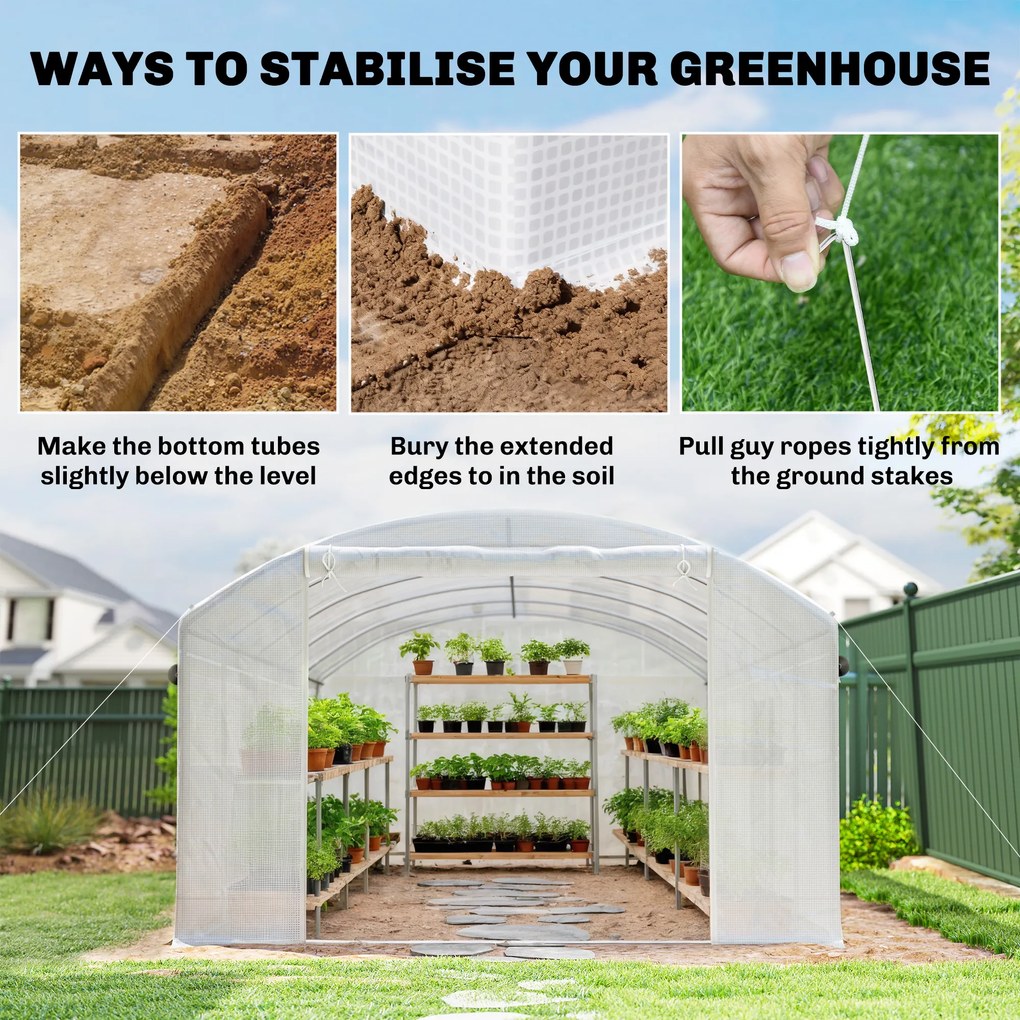 Estufa Túnel 6x3x2 m com 3 Portas Enroláveis, 6 Janelas com Rede e Estrutura de Aço Galvanizado Branco