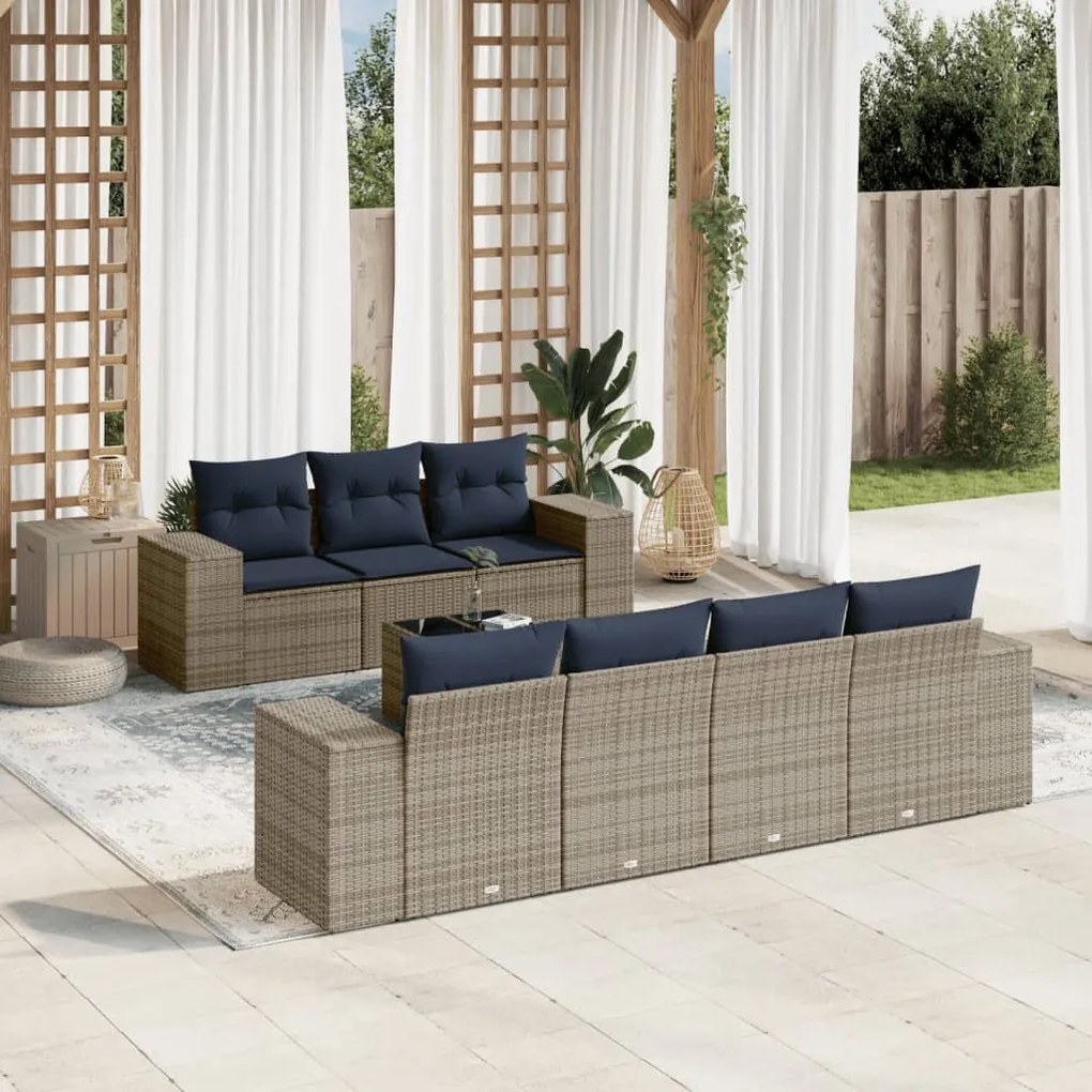 vidaXL 8 pcs conjunto sofás p/ jardim c/ almofadões vime PE cinzento