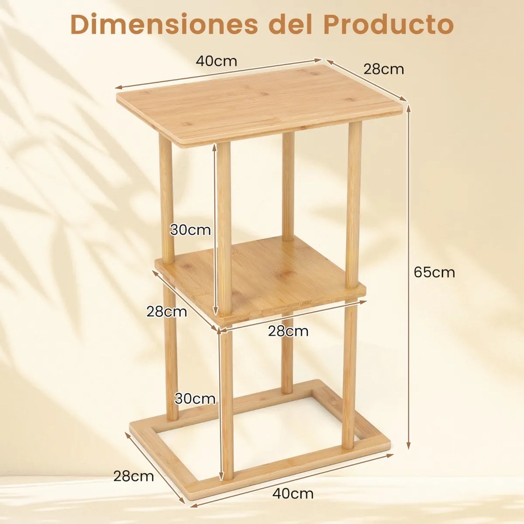 Conjunto de 2 mesas laterais retangulares de bambu 40 x 28 x 65 cm com prateleiras de arrumação para canto de sala de estar ou quarto Natural