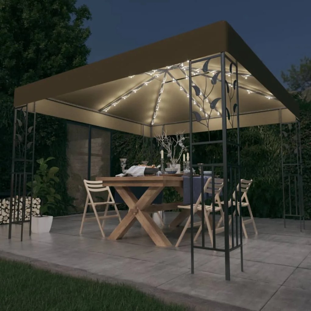 Gazebo com cordões de luzes LED 3x3 m cinza-acastanhado