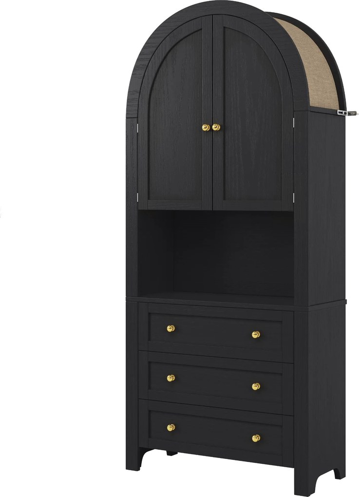 Armário alto com arco de arrumação com 3 gavetas, portas e prateleira expositora aberta, para cozinha e sala de estar, 70x35x180 cm, Preto