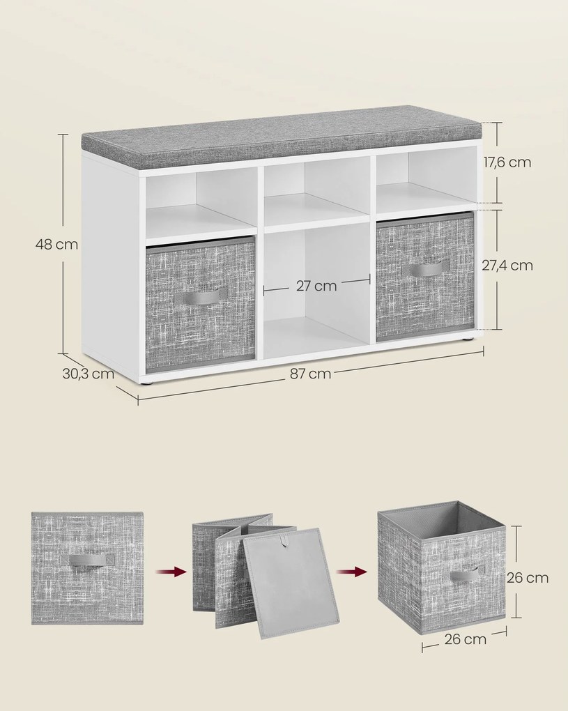 Banco para sapatos com 6 compartimentos e 3 prateleiras 30,3 x 87 x 48 cm Cinzento-branco