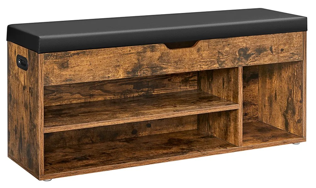 Banco de sapatos VASAGLE com almofada, banco de armazenamento com assento acolchoado, 3 compartimentos, armazenamento oculto, prateleiras, sala de estar, sala de estar, corredor, quarto, capacidade de carga 150 kg, marrom rústico