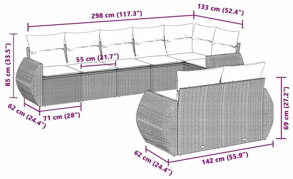 8 pcs conj. sofás jardim c/ almofadões vime PE cinzento-claro