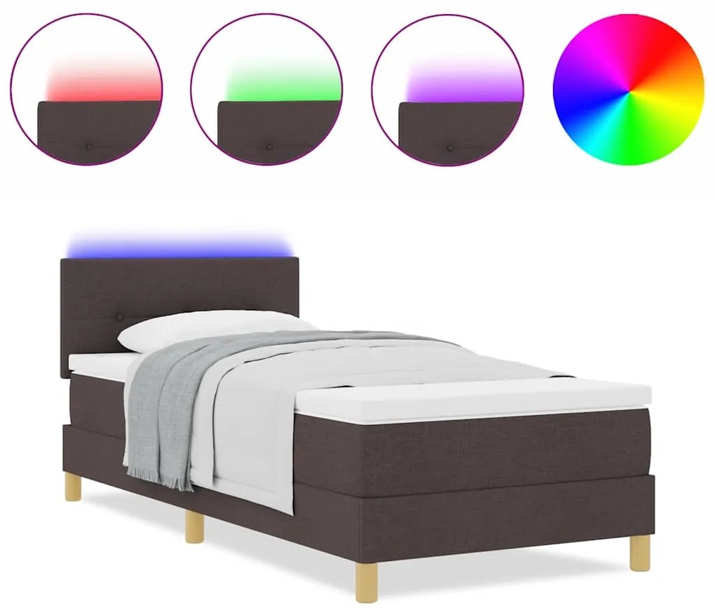 Cama Box Spring com Colchão &amp; LED Castanho Escuro 100x200 cm Tecido