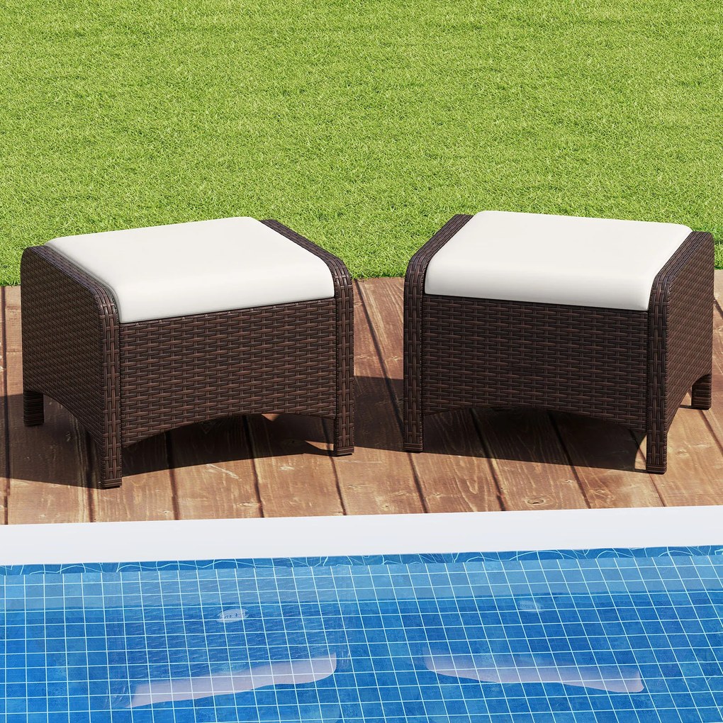 Conjunto de 2 Pufes Retangulares Jardim, 54 x 46 x 39,5 cm, Almofadas Removíveis, Branco e castanho
