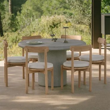 Conjunto De Mesa Redonda Ø120 Cm Em Cimento Emiria E 6 Cadeiras De Jardim Em Madeira De Acácia Nualis Cinza Pedra Claro - Sklum