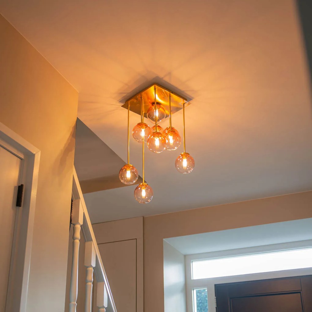 Candeeiro de teto Art Deco dourado com vidro rosa 9 luzes - Athens