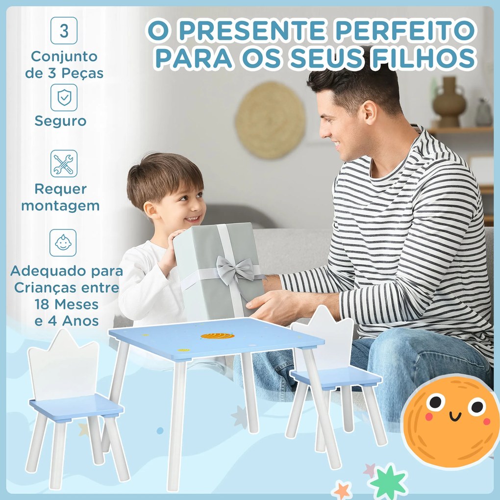 ZONEKIZ Conjunto de Mesa e 2 Cadeiras Infantil Mesa Infantil Móveis de Madeira Crianças para Sala de Estar Brinquedoteca Dormitório 68x68x47cm e 30x30x51,5cm Azul