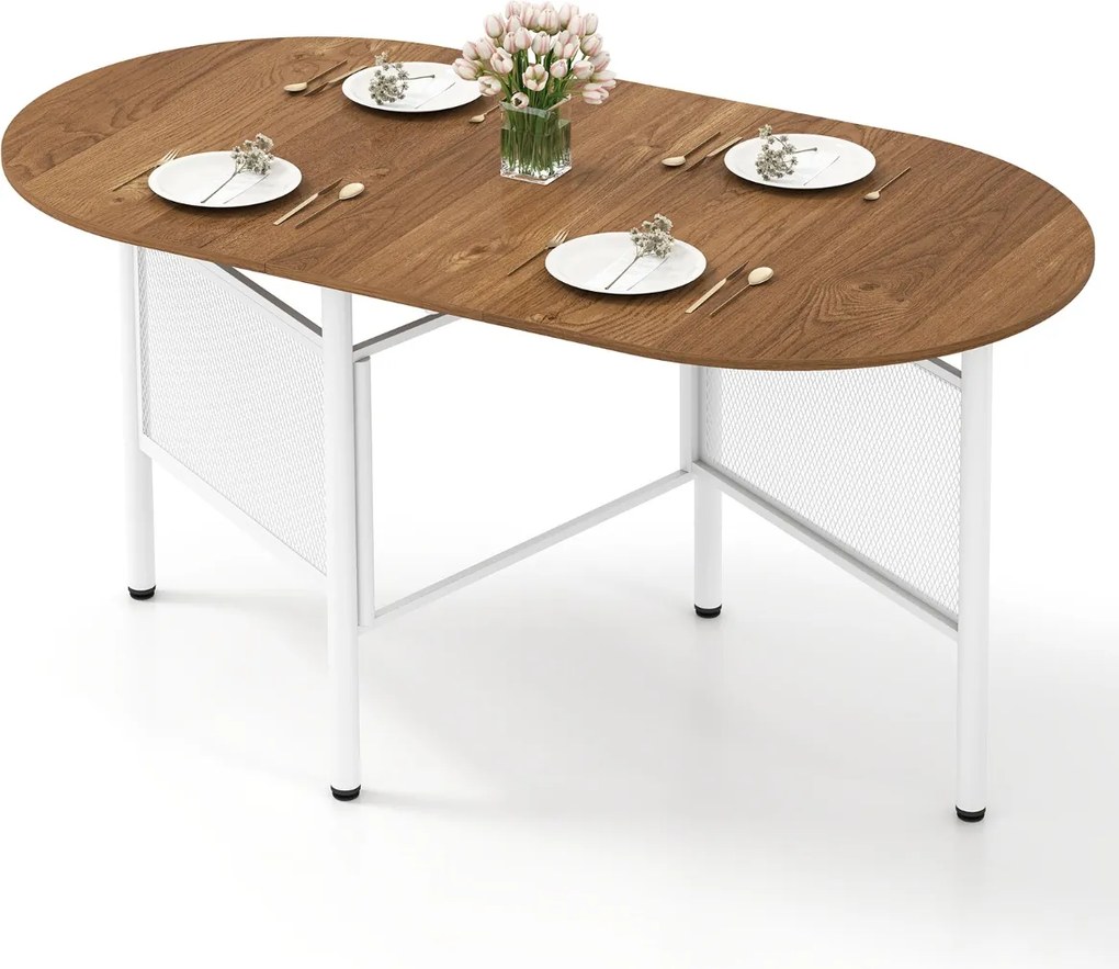 Mesa de jantar dobrável oval com abas rebatíveis para 6-8 pessoas, 150 x 80 x 76 cm, com pés metálicos, estilo rustico, castanho e Branco