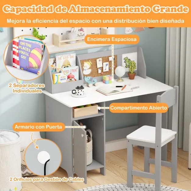 Conjunto de Secretaria e cadeira para crianças com quadro negro, marcador, prateleira e armário de armazenamento Cinzenta