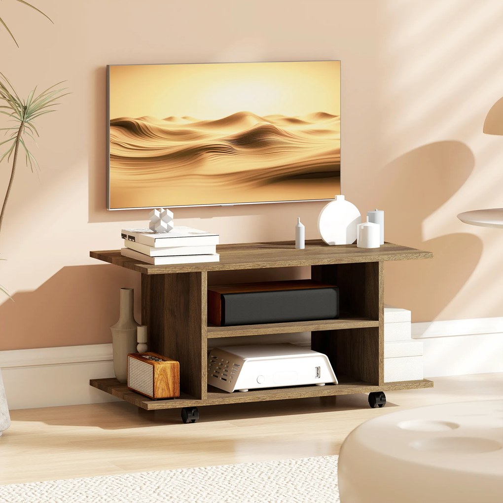 Móvel de televisão com rodas 80 L x 40 P x 40 A cm, móvel para televisores até 42 polegadas com prateleiras abertas, em cor nogueira