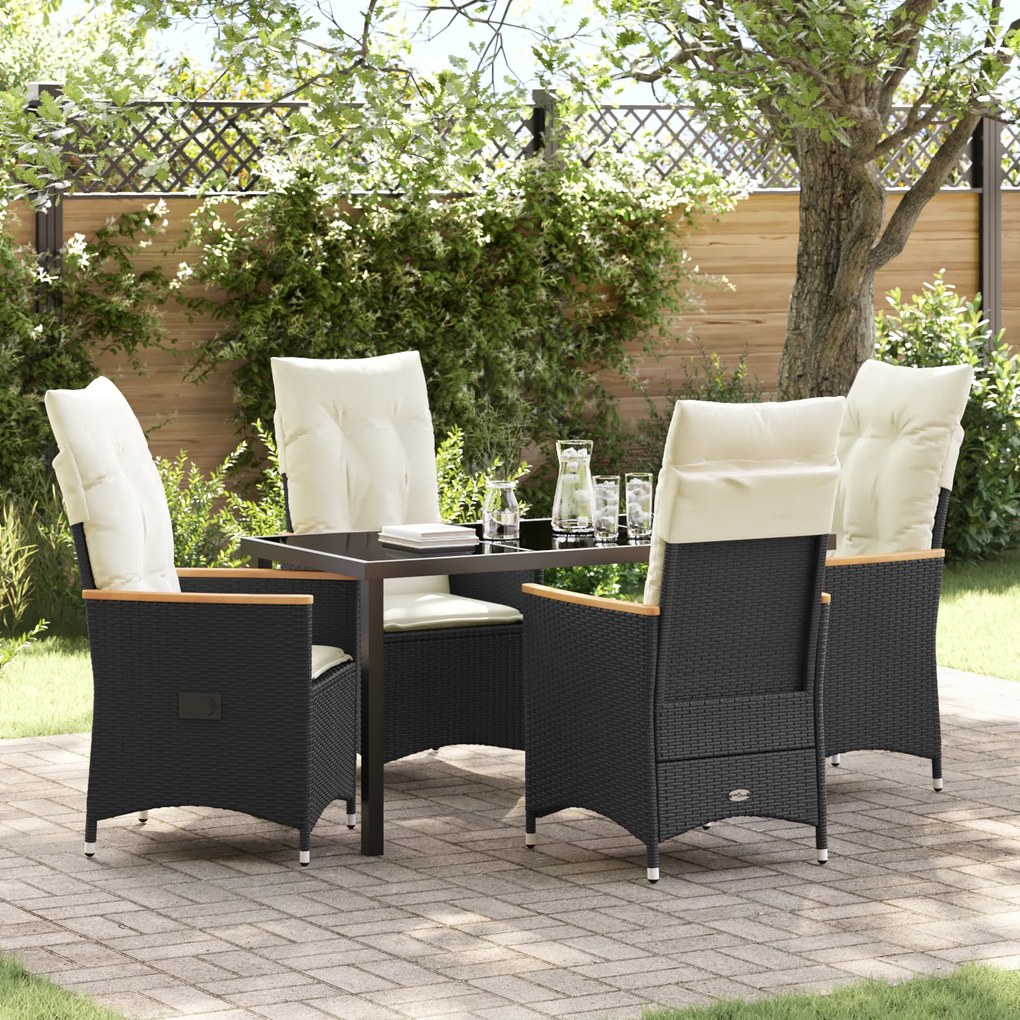 vidaXL Conjunto de Jantar de Jardim de 5 Peças com Almofadas Rattan Poliéster Preto