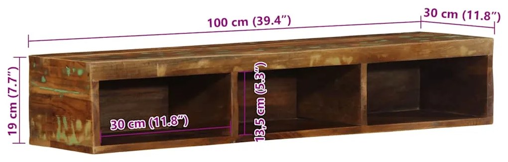 Armário de TV para parede 100x30x19cm madeira recuperada maciça