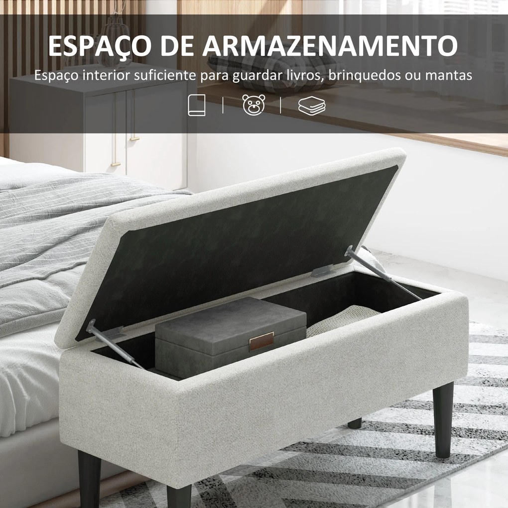 Banco de Armazenamento Quarto Capacidade 47L Tampa Abatível e Pés de Madeira de Borracha Carga 120 kg 95x38x45 cm Bege