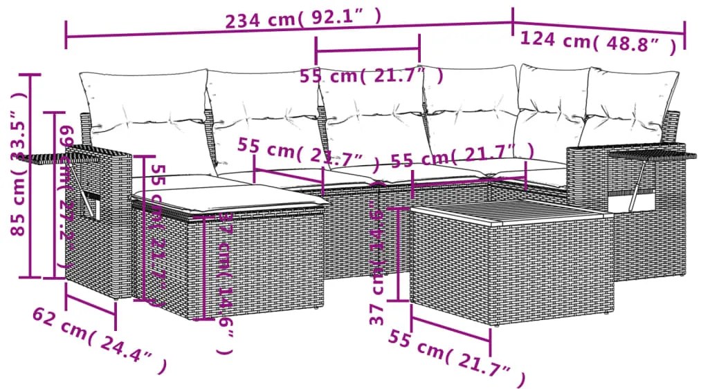 7 pcs conjunto sofás p/ jardim c/ almofadões vime PE cinzento