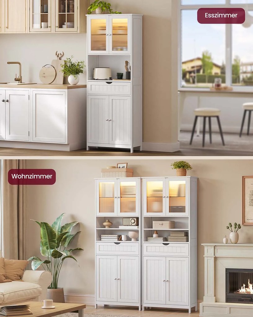 Armário de casa de banho com iluminação LED e prateleiras 30 x 60 x 170 cm, gaveta e compartimentos abertos Branco 