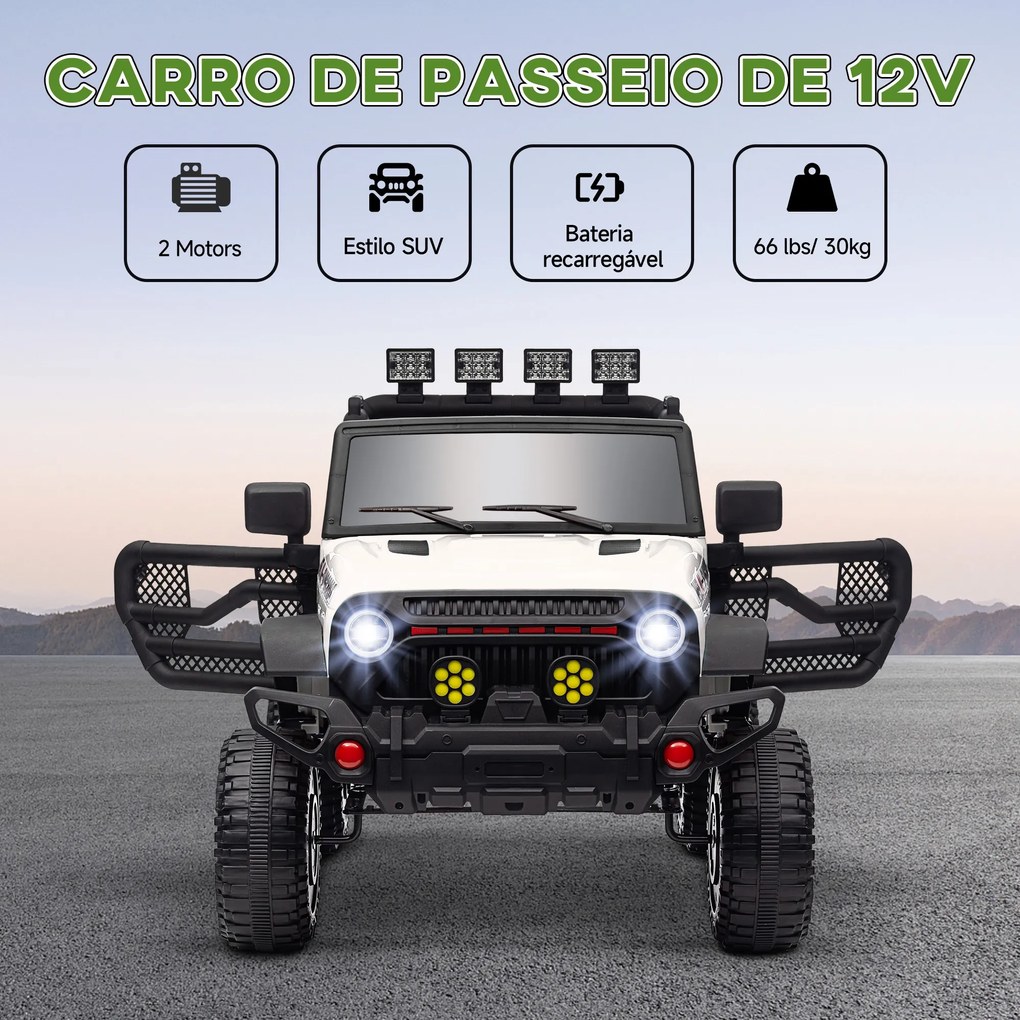 Carro Elétrico para Crianças com Bateria de 12V Controlo Remoto Bluetooth Faróis LED Buzina e Música 100x63x65 cm Branco