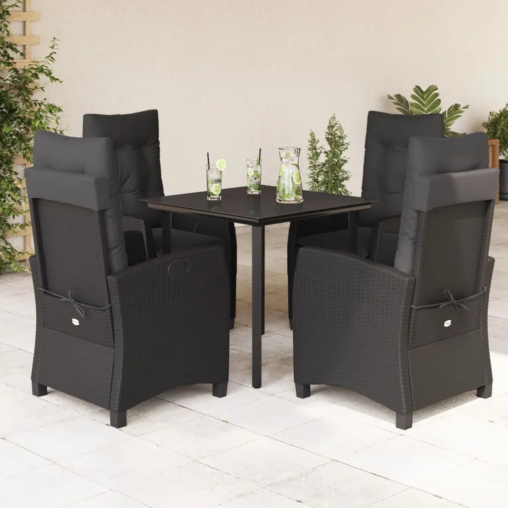 5 pcs conjunto de jantar p/ jardim c/ almofadões vime PE preto
