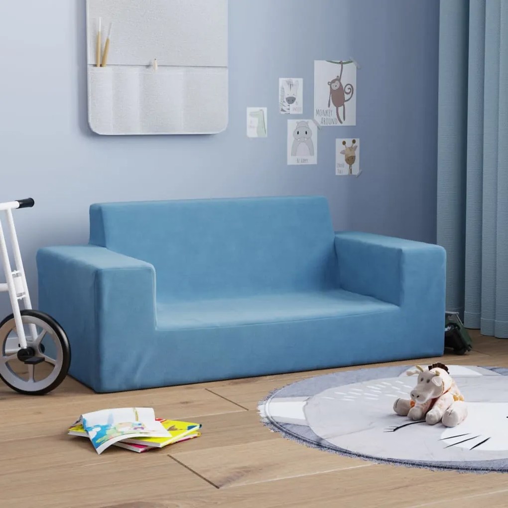 341819 vidaXL Sofá infantil de 2 lugares pelúcia azul