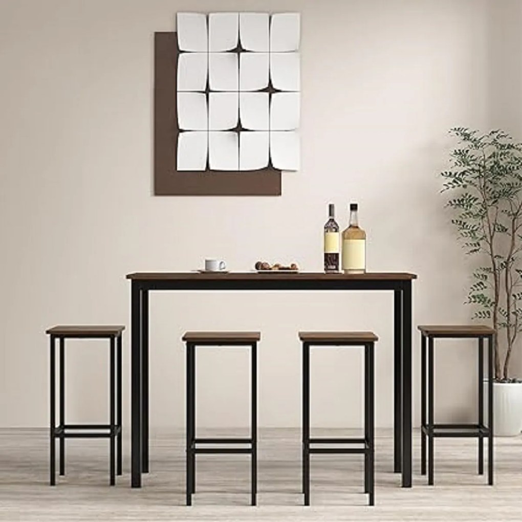 Conjunto de 4 bancos de bar com pés de metal, apoio para os pés e encosto industrial, altura para cozinha ou sala de jantar, 30 x 30 x 65 cm, Castanho