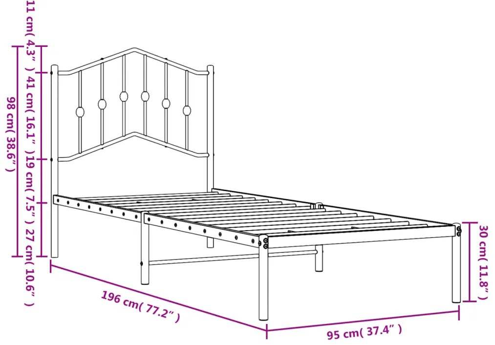 Estrutura de cama com cabeceira 90x190 cm metal preto