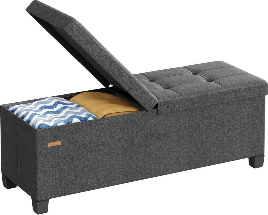 Banco com espaço de arrumação 38 x 110 x 40 cm, baú dobrável com tampa articulada, quarto e sala de estar, efeito de linho cinzento