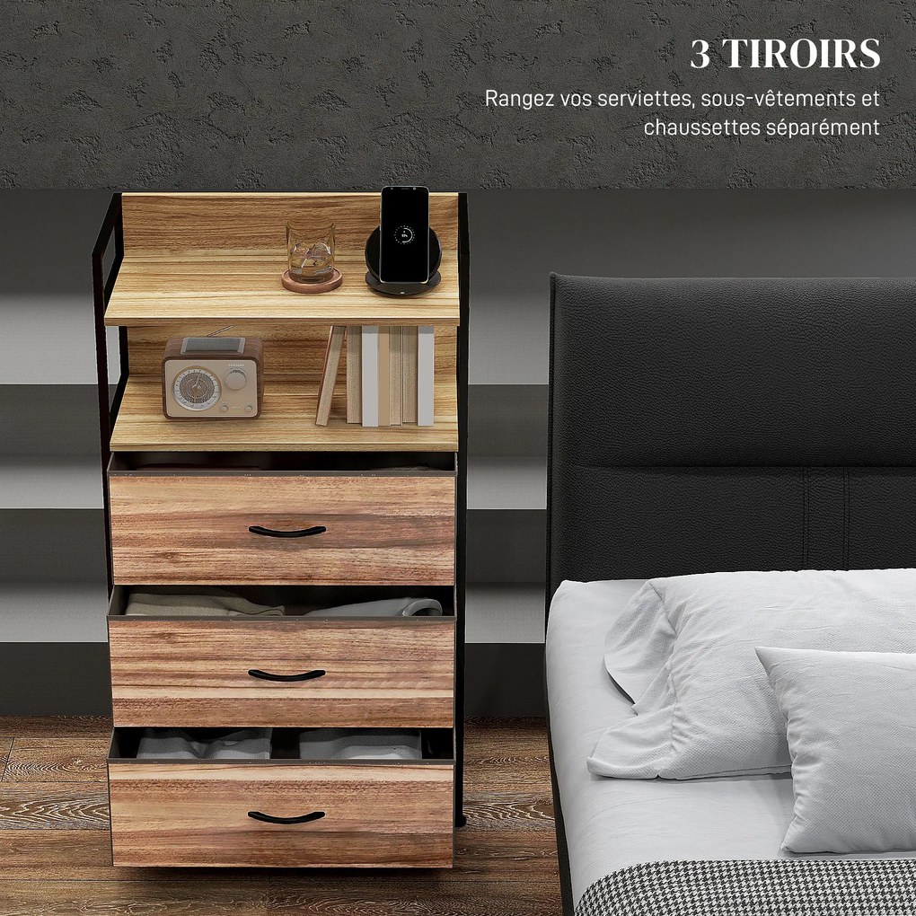 Móvel de arrumação de estilo industrial, com 3 gavetas tecido e 2 prateleiras - 60 x 29 x 101 cm - MDF e metal natural, preto