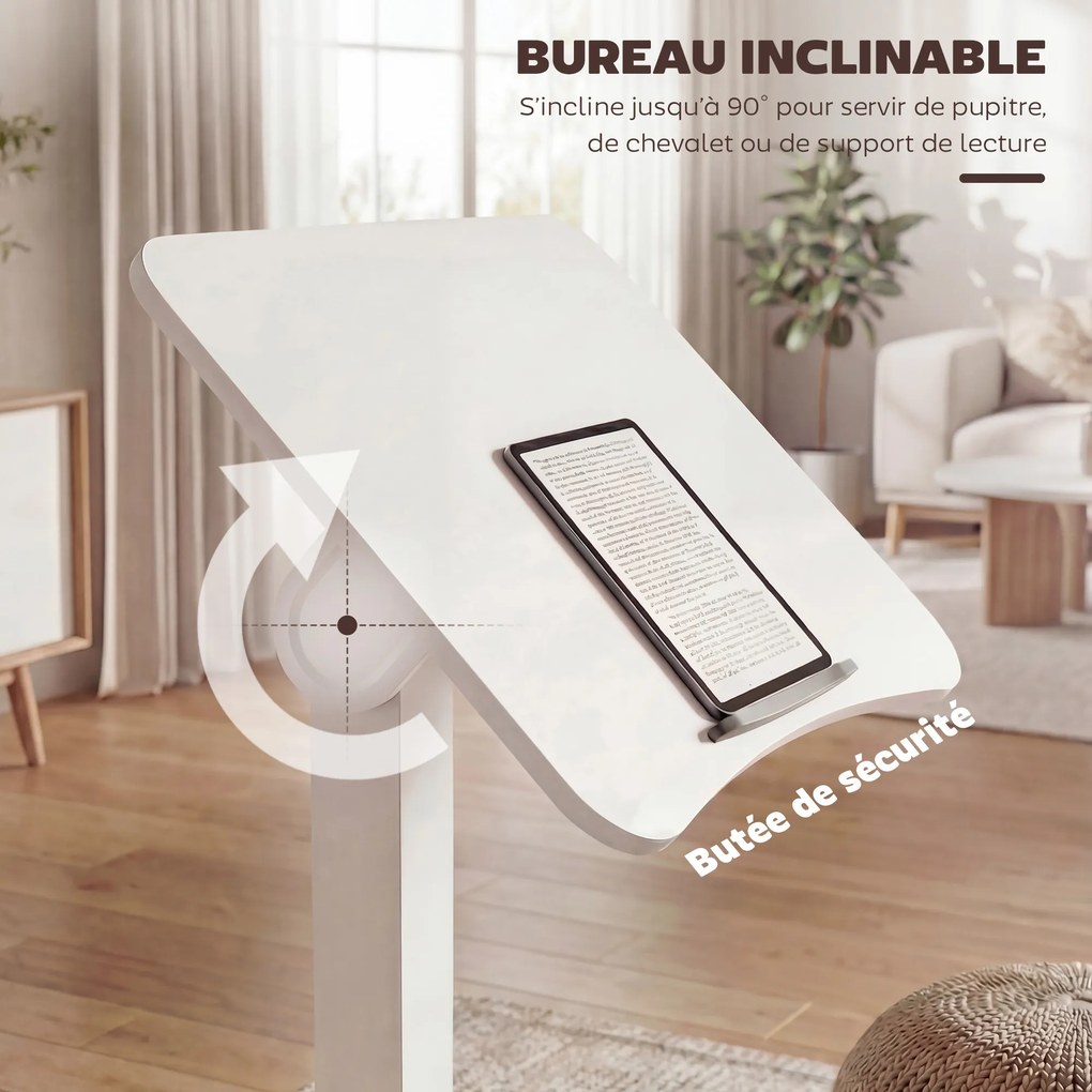 Secretária para trabalhar em pé com altura ajustável 60,5 x 52 x 75-114 cm, tampo inclinável, Rodas e estrutura em aço branco