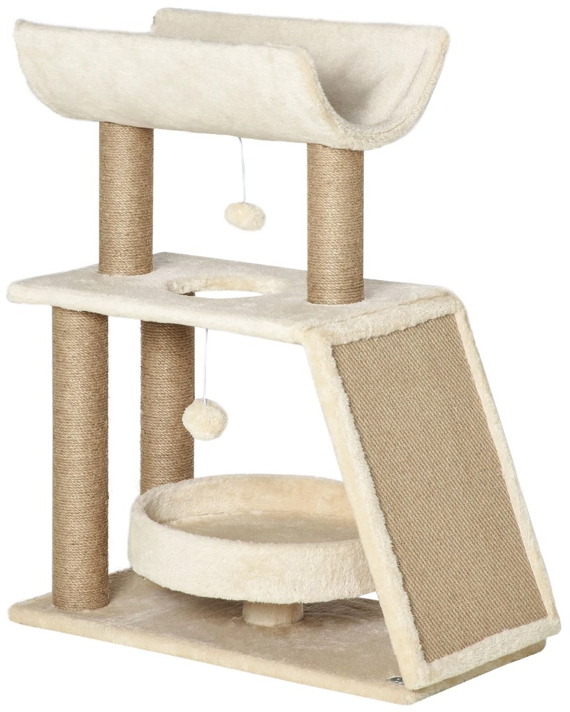PawHut Arranhador para Gatos Altura 76 cm com 4 Postes de Arranhar Cama Plataforma em U Almofada para Arranhar Bege
