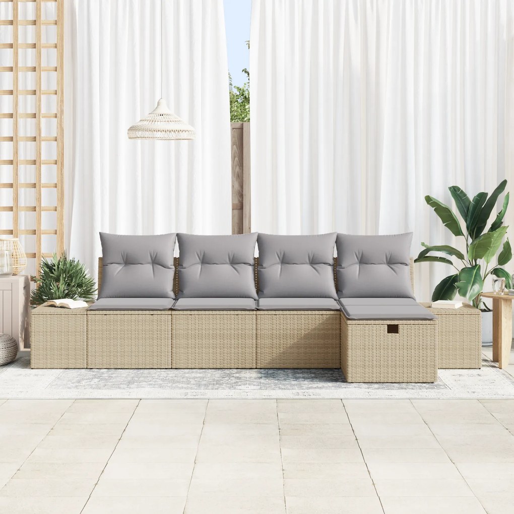 Conjunto de Sofá de Jardim 5 Peças com Almofadas Bege de Rattan Poliet