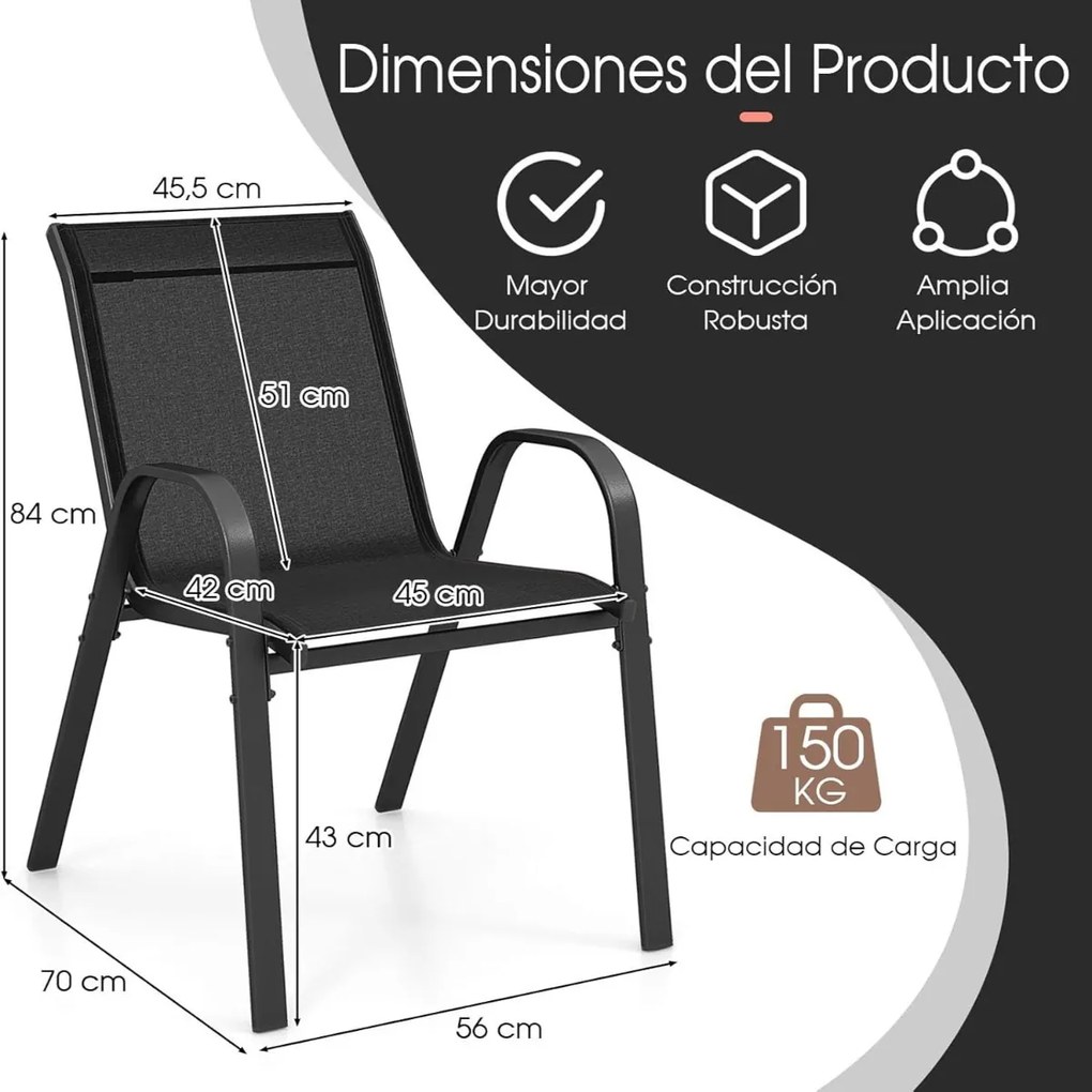 Conjunto de 4 cadeiras de jardim empilháveis (MESA NÃO INCLUIDA) com apoios de braços, encostos em metal e tecido, 56 x 70 x 84 cm Preto
