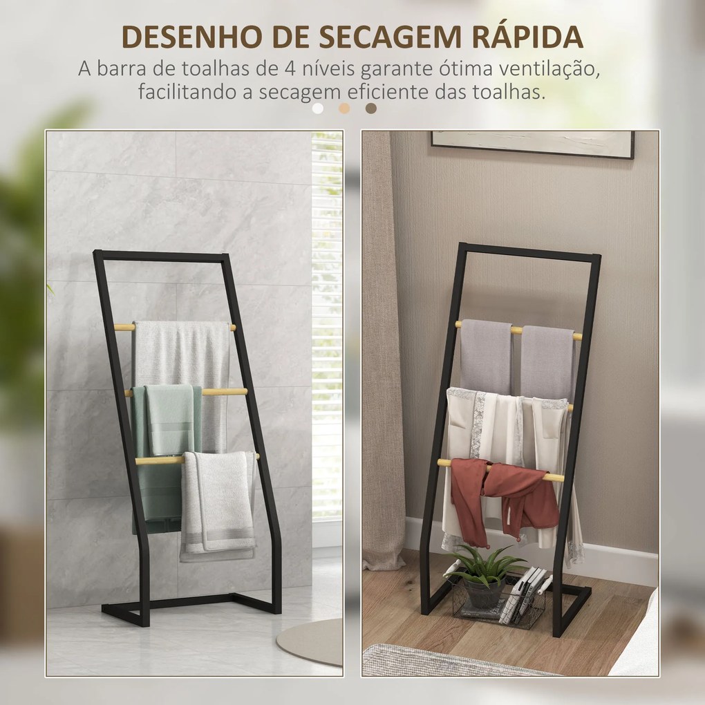 Toalheiro de Pé para Casa de Banho com 4 Barras em Bambu e Aço 40,5x28x98 cm Preto e Madeira