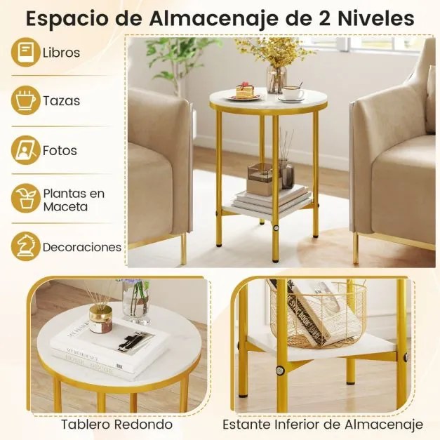 Mesa de apoio redonda de 2 niveis 40,5 cm com prateleira de arrumação Estrutura metálica dourada e branca
