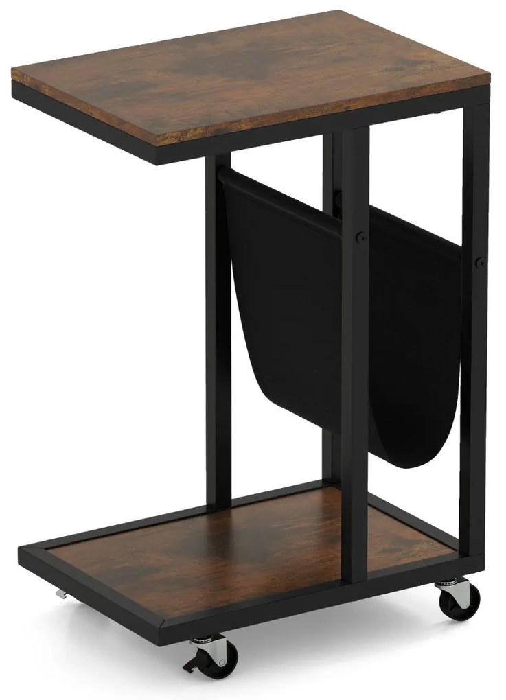 Mesa Auxiliar em Forma de C com Rodas Mesa de Sofá Industrial de 3 Níveis com Estrutura de Metal 40 x 28 x 59 cm Castanho Rústico