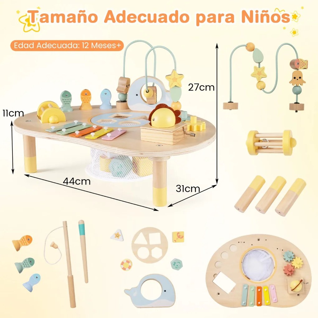 Mesa de atividades 7 em 1 para crianças 44 x 31 x 27 cm Montessori sensorial de madeira com labirinto de contas e xilofone para 12+ meses Natural