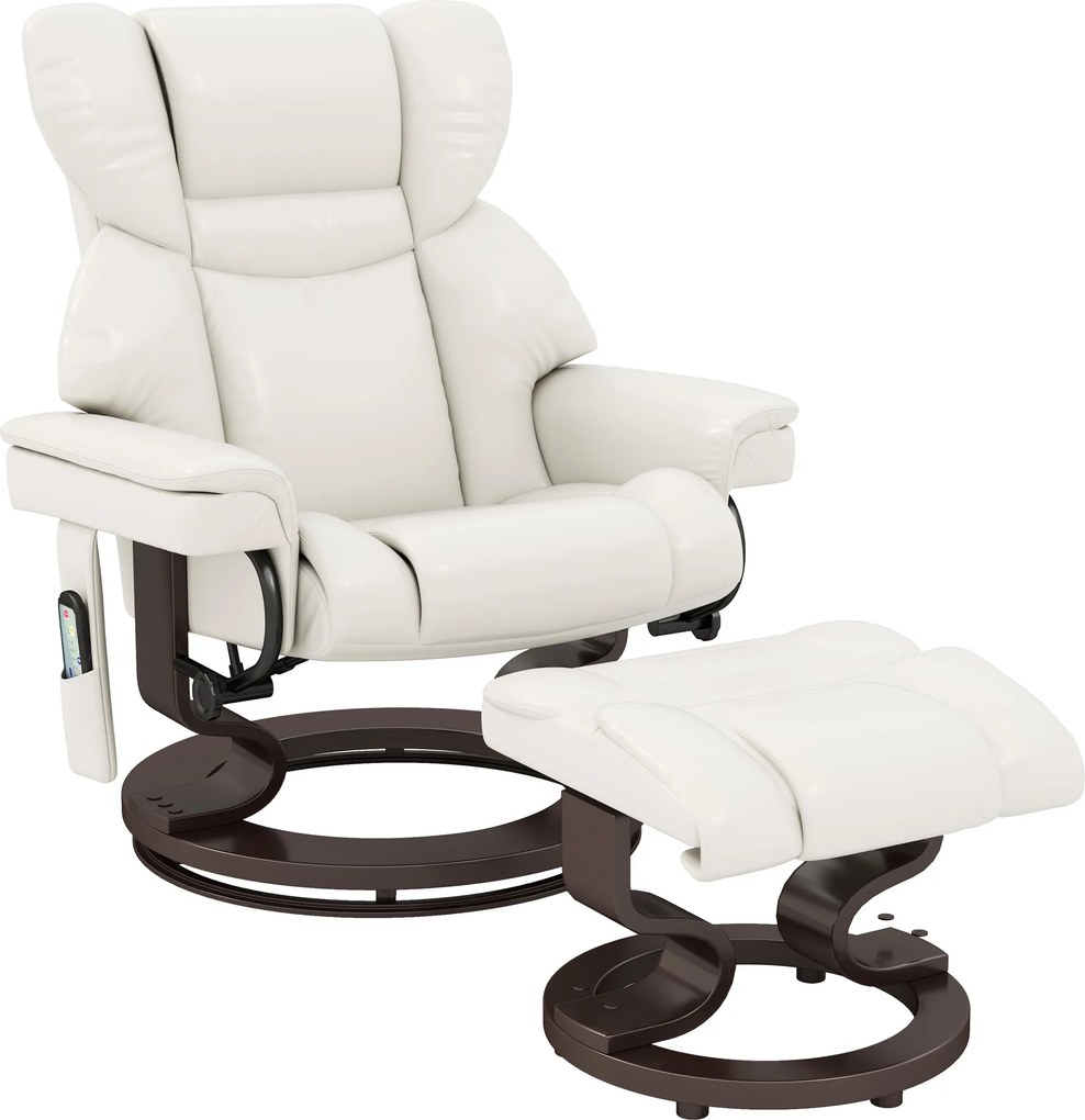HOMCOM Poltrona relax com função de massagem e apoio para os pés, Poltrona reclinável, Couro sintético, 79 x 82 x 101 cm, Creme branco | Aosom Portugal