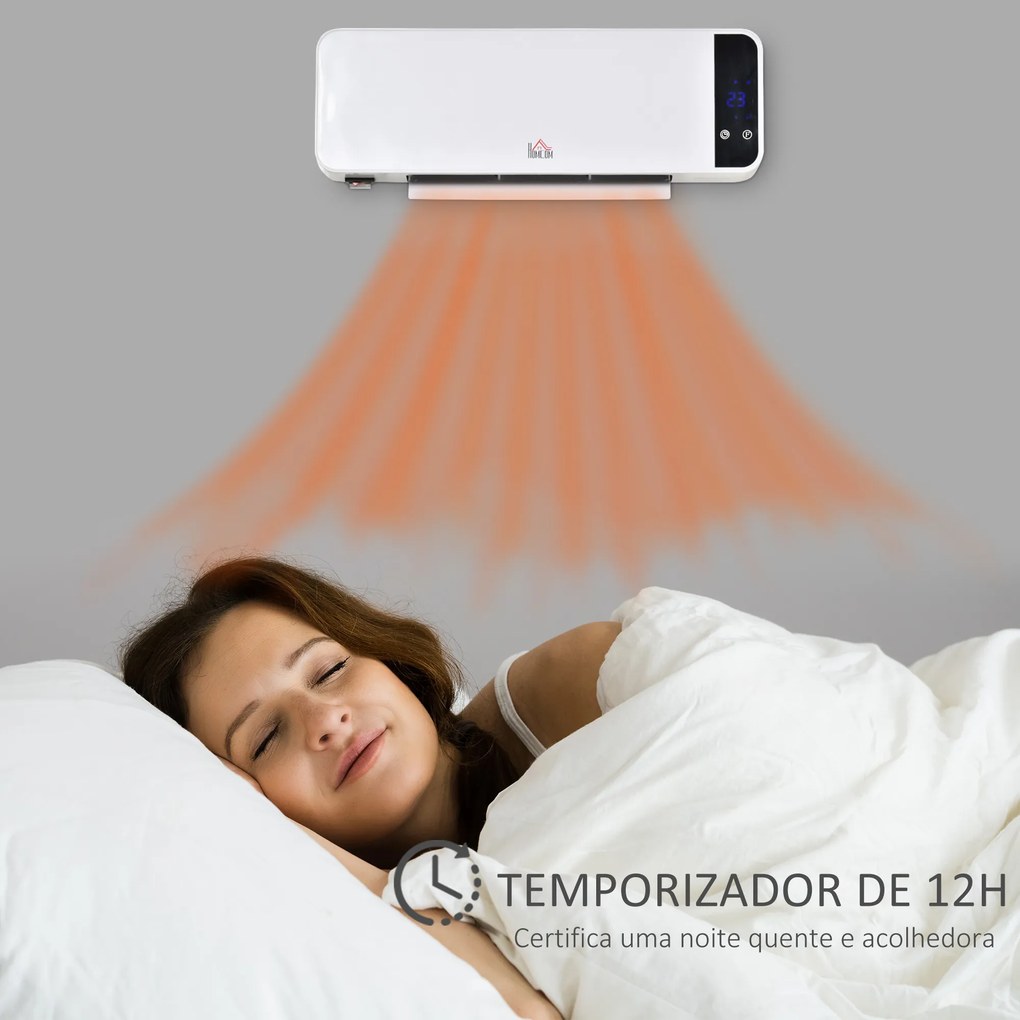 HOMCOM Aquecedor Cerâmico de Parede 1000/2000W com Controle Remoto Tela LED Termostato Temporizador e Proteção contra Superaquecimento para 25m² 56x18,5x11,5cm Branco