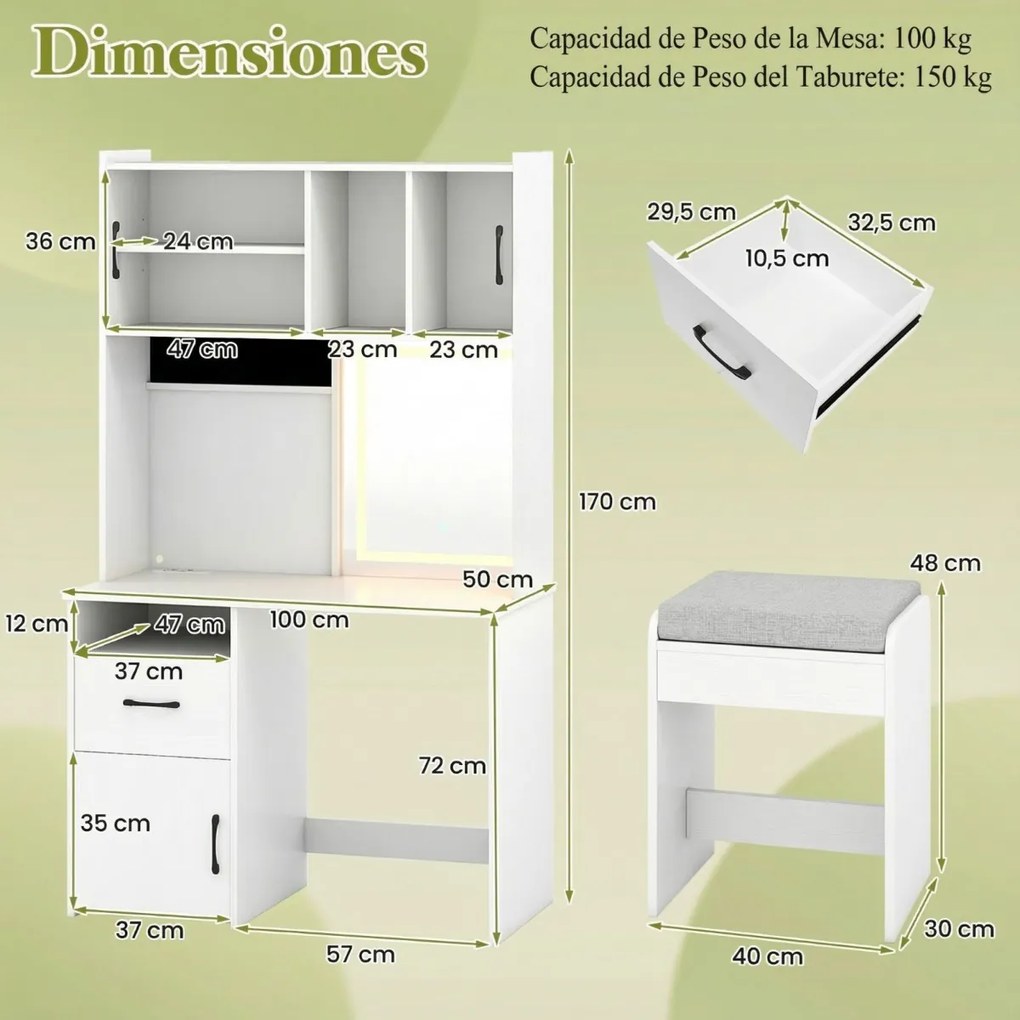 Toucador com Espelho e Iluminação com Tomadas 3 Modos de Iluminação Brilho Ajustável Branco