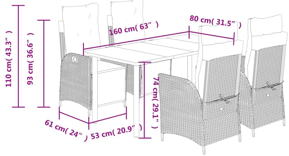 5 pcs conjunto de jantar p/ jardim com almofadões vime PE bege