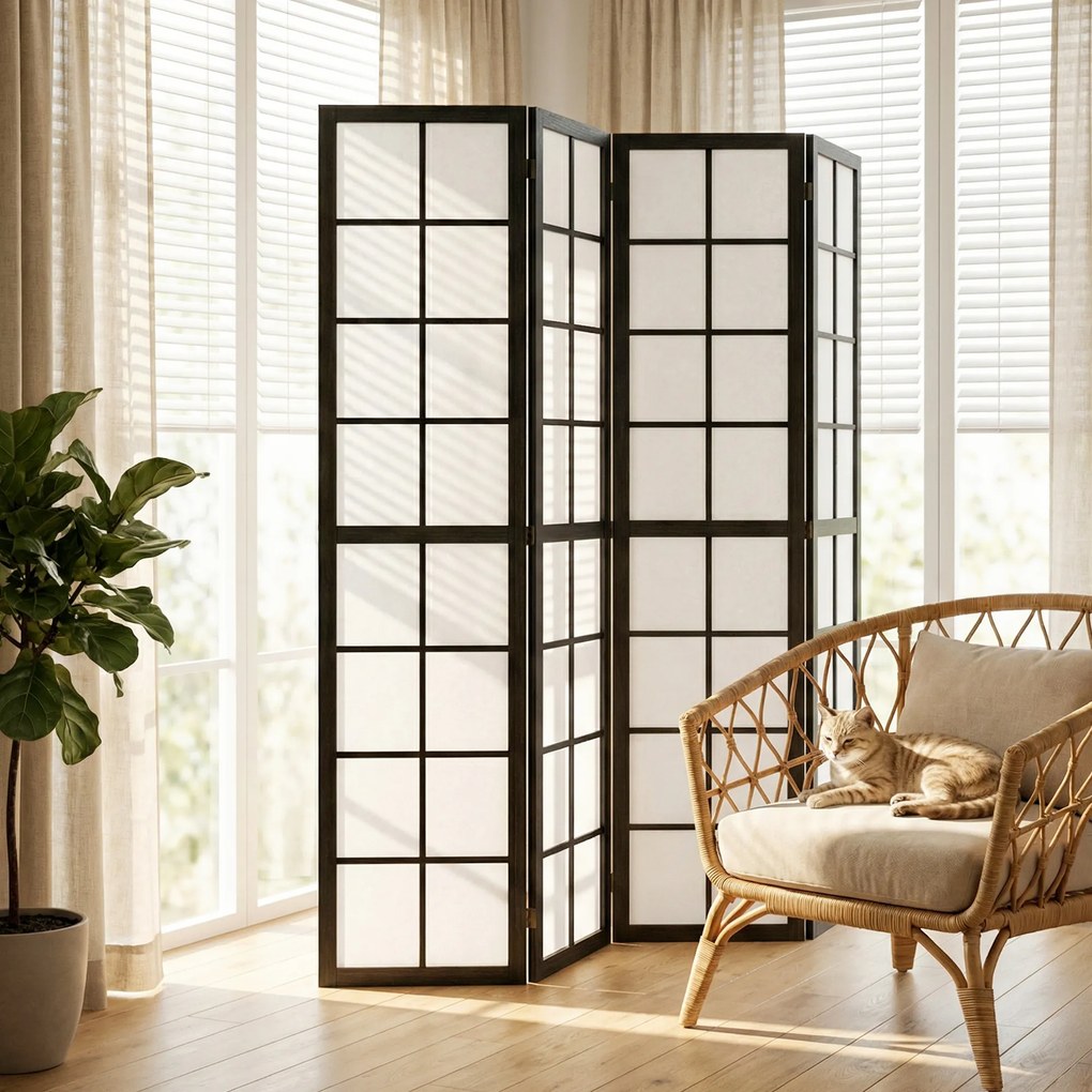Biombo de interior dobrável de 4 painéis, 160 x 170 cm, divisória para sala de estar, quarto e casa, preto
