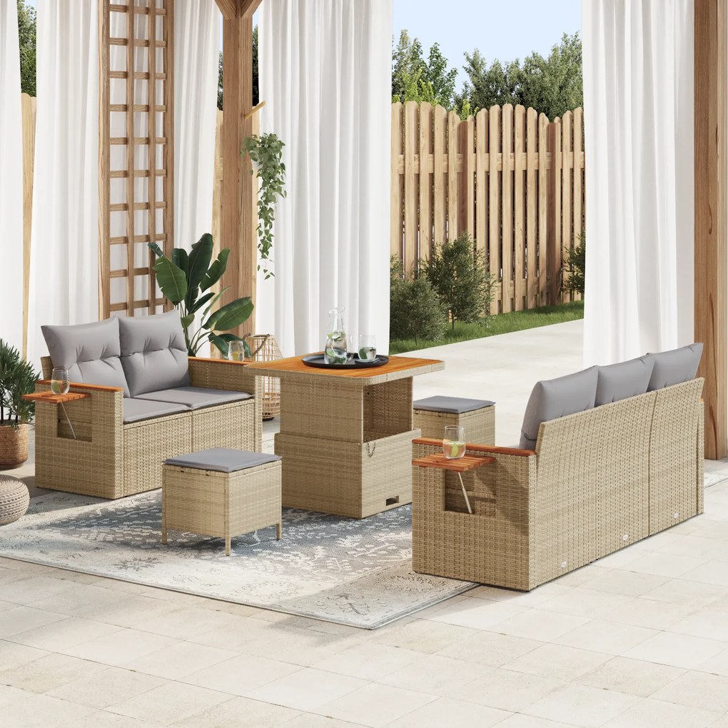 vidaXL Conjunto de Sofá de Jardim de 8 Peças com Almofadas em Rattan Polipropileno Bege Acácia
